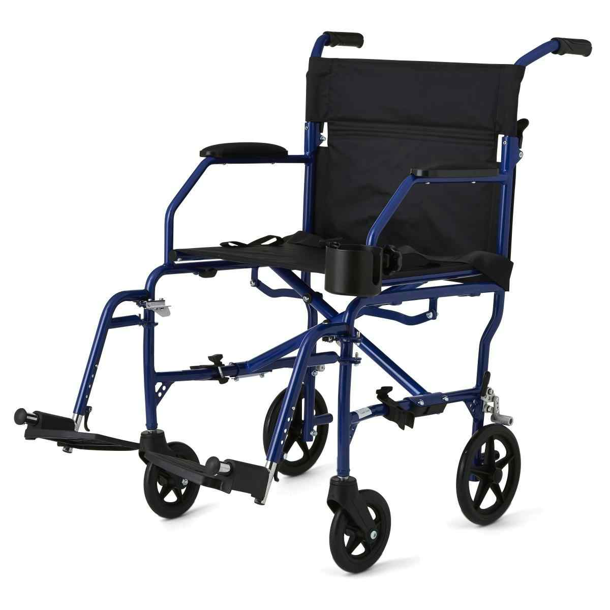 Medline Ultralight Transport Chair, Restaurant-Style Armrests, Swing-Away Footrests, Cup Holder, 6", MDS808200F3B, Blue - 1 Each