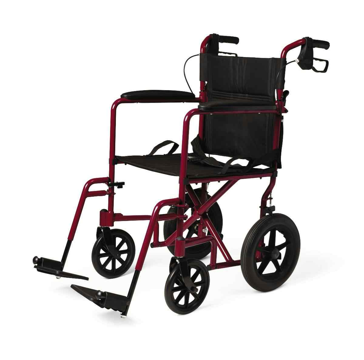 Medline Basic Aluminum Transport Chair, Permanent Full-Length Arms, Swing-Away Footrests, 12", MDS808210ARE, Red - 1 Each