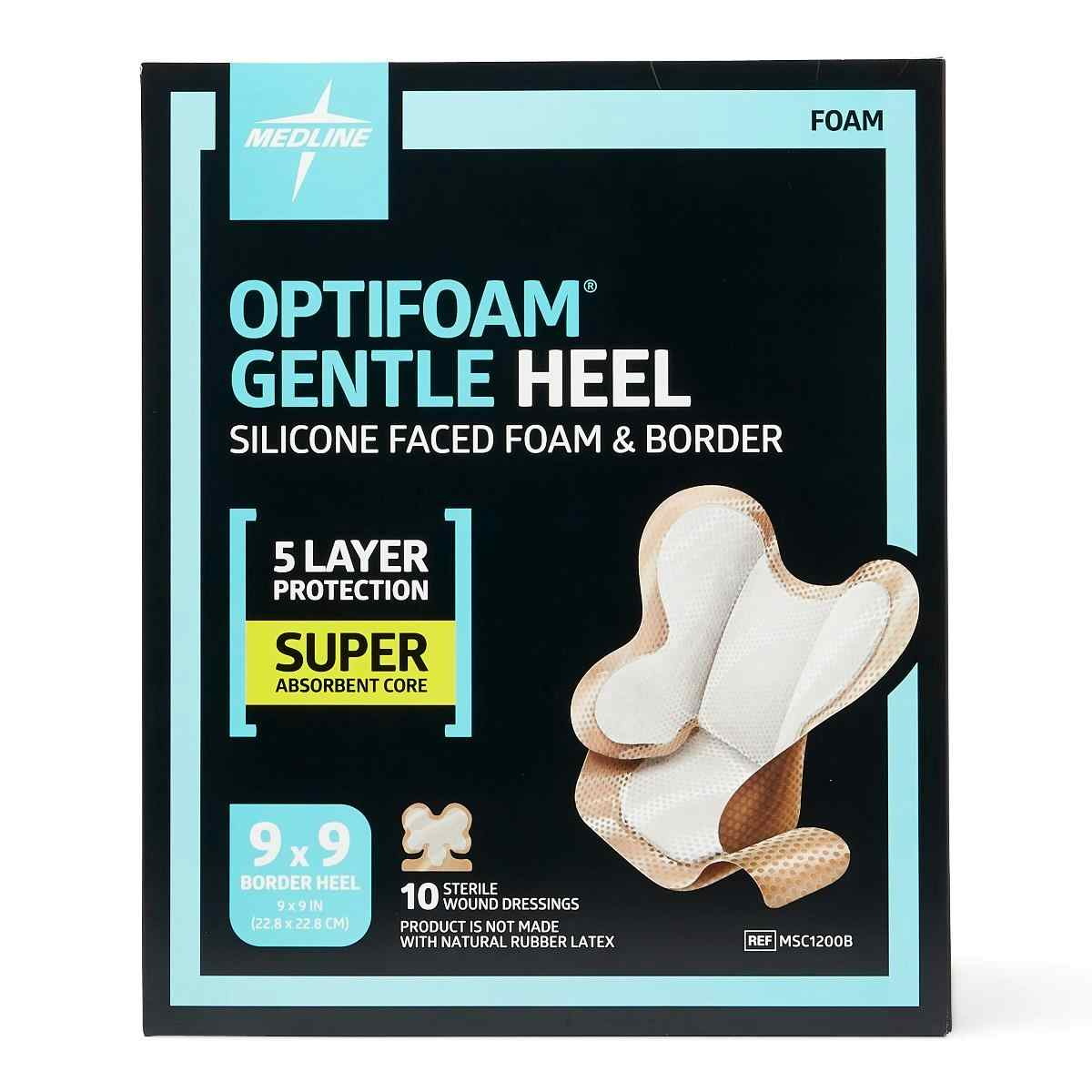 Medline Optifoam Gentle Heel Silicone Faced Foam Dressing, MSC1200BZ, 9" X 9" - Box of 10