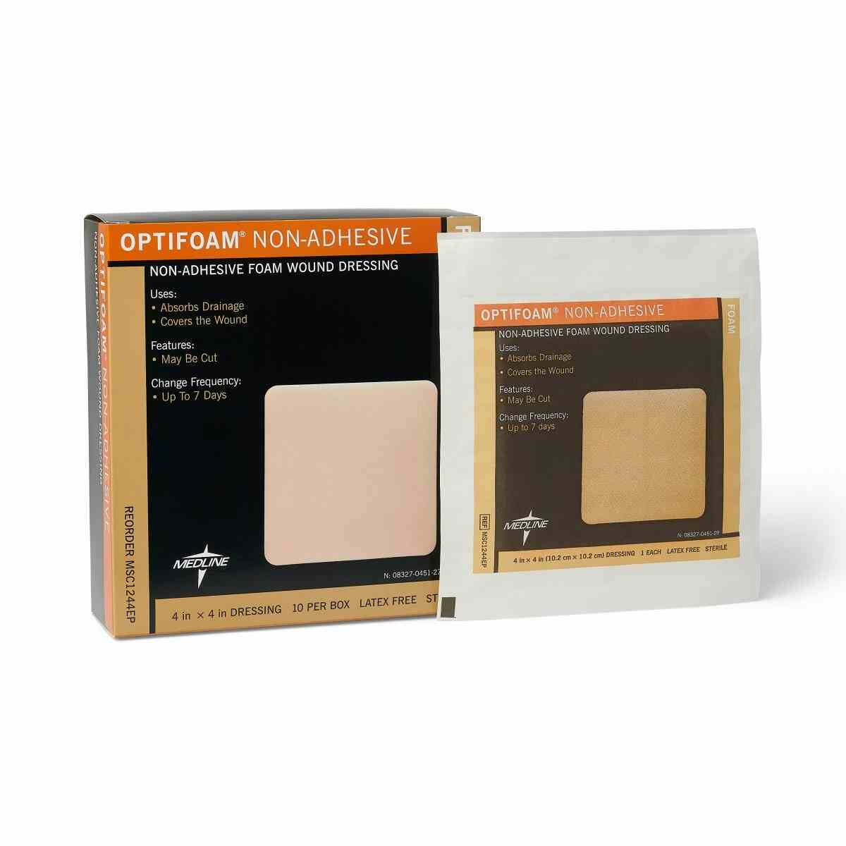 Medline Optifoam Non-Adhesive Foam Wound Dressing, MSC1244EPZ, 4" X 4" - Box of 10