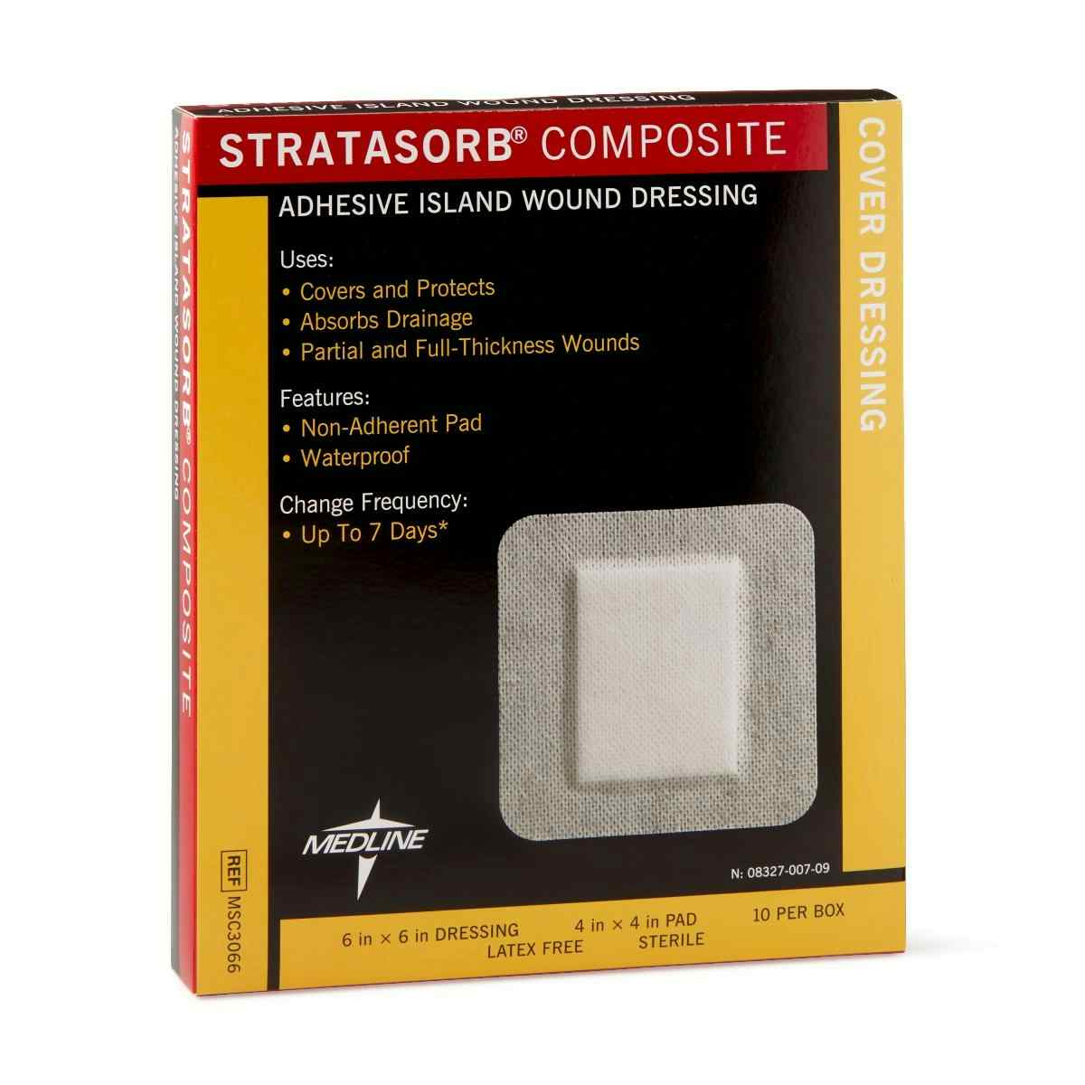 Medline Stratasorb Composite Adhesive Island Wound Dressings, MSC3066Z, 6" X 6" - Box of 10 
