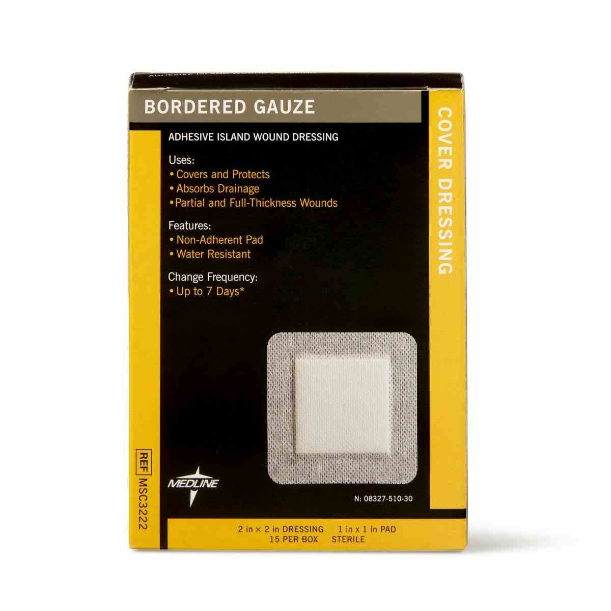 Medline Bordered Gauze Adhesive Island Wound Dressing, MSC3222Z,  2" X 2" with 1" X 1" Pad - Box of 15