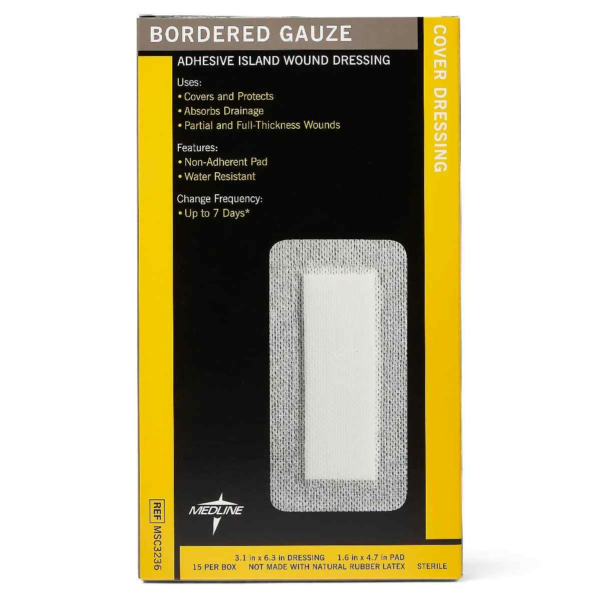 Medline Bordered Gauze Adhesive Island Wound Dressing, MSC3236Z, 3" X 6" with 1.5" X 4" Pad - Box of 15