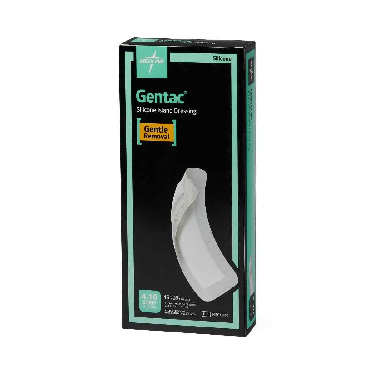 Medline Gentac Silicone Adhesive Island Dressing, MSC33410Z, 4" X 10" with 2" X 8" Pad Size - Box of 15