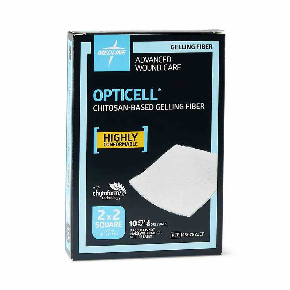 Medline Opticell Chitosan-Based Gelling Fiber Wound Dressing, MSC7822EPZ, 2" X 2" - Box of 10