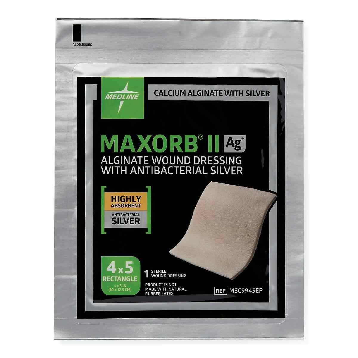 Medline Maxorb II Ag+ Alginate Wound Dressing with Antibacterial Silver, MSC9945EPZ, 4" X 4.75" Square - Box of 10