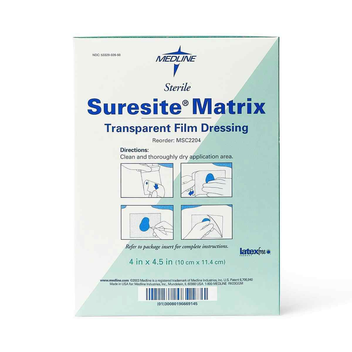 Suresite Matrix Transparent Film Dressing, MSC2204, 4" X 4.5" - Box of 50 