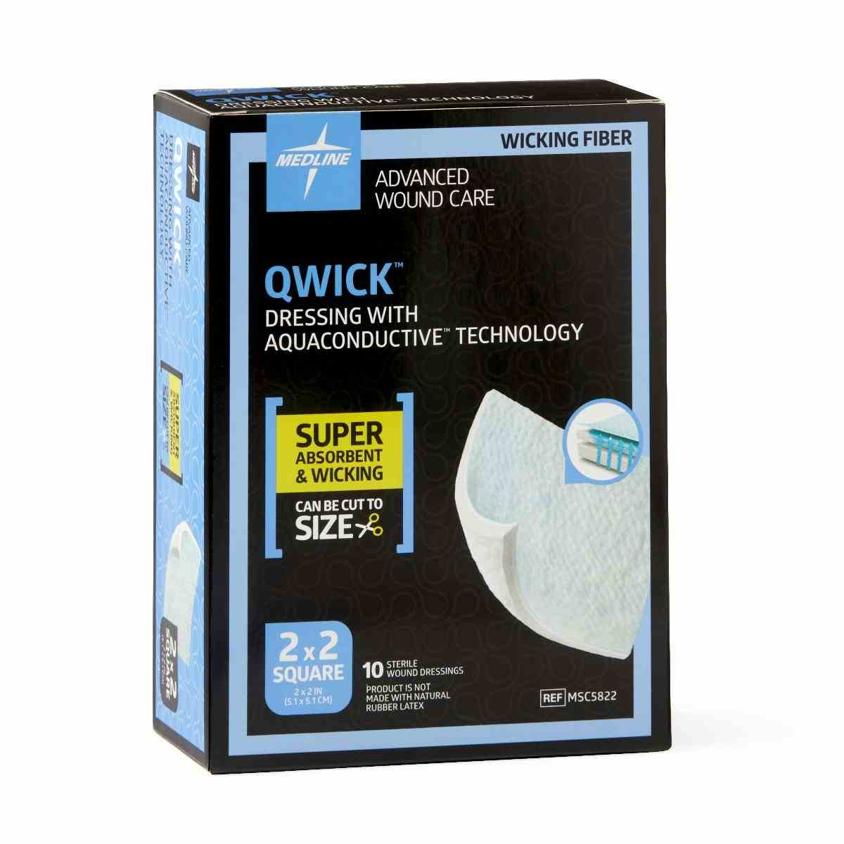 Medline Qwick Non-Adhesive Wound Dressing with Aquaconductive Technology, MSC5822Z, 2" X 2" - Box of 10