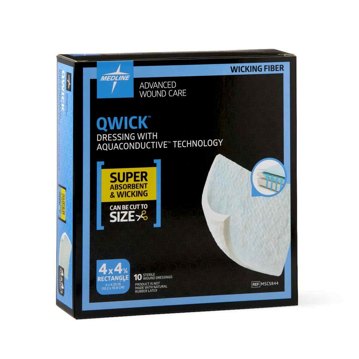 Medline Qwick Non-Adhesive Wound Dressing with Aquaconductive Technology, MSC5844Z, 4" X 4 1/4" - Box of 10