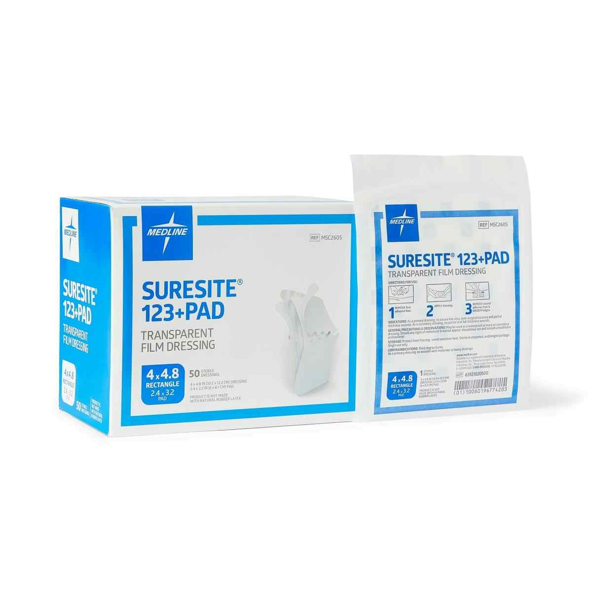 Suresite 123+ Pad Transparent Film Dressing, MSC2605Z, 4" X 4.8" - Box of 50 
