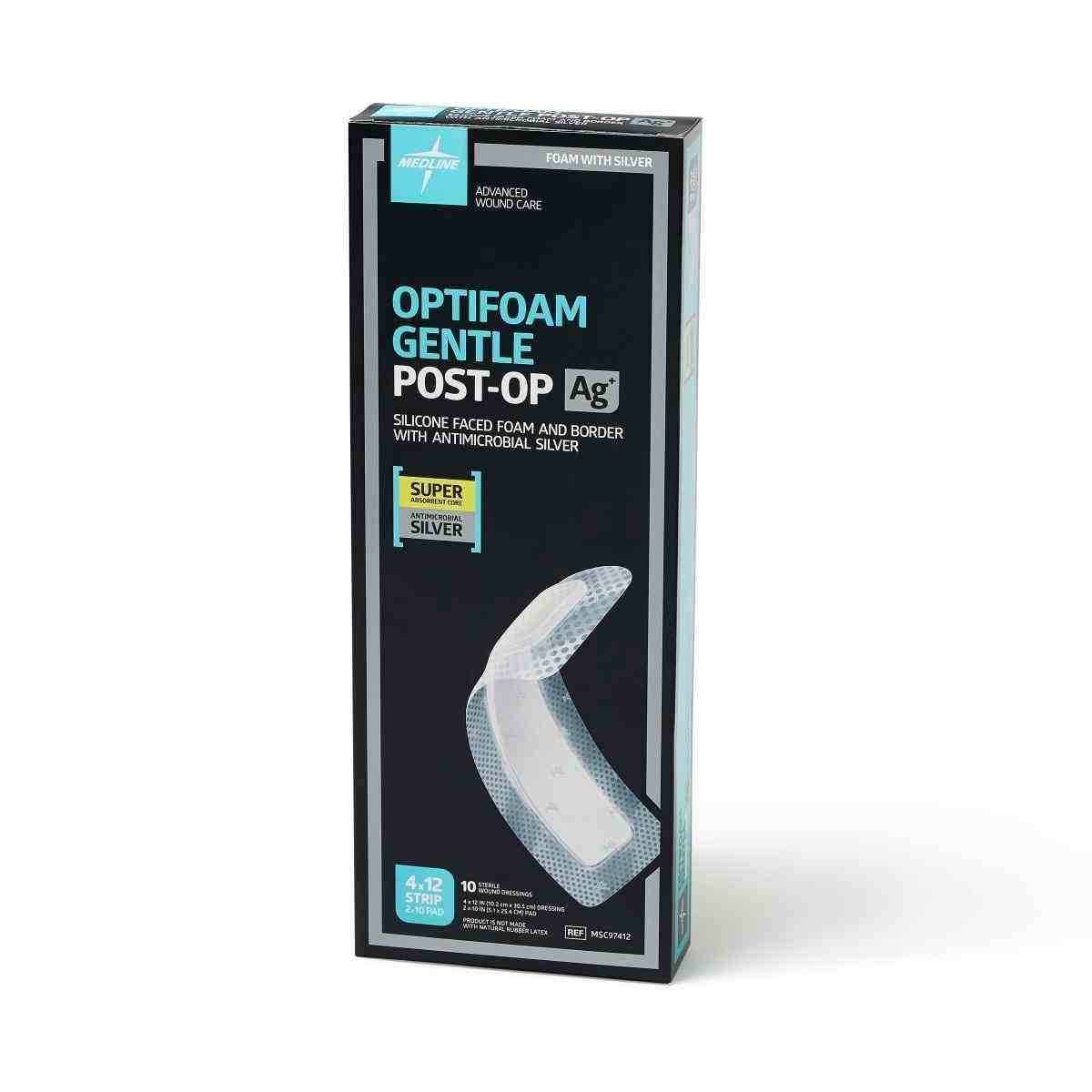 Optifoam Gentle AG+ Post-Op Foam Dressing, MSC97412Z, 4" X 12" - Box of 10
