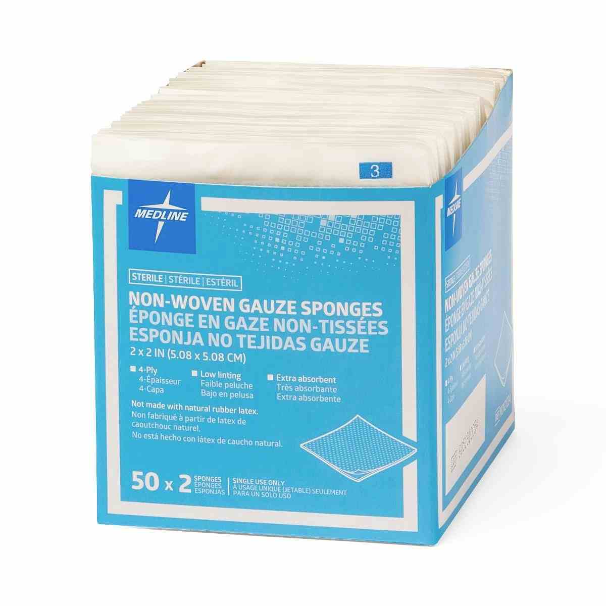 Medline Non-Woven 4-Ply Gauze Sponges, Sterile  , NON21224, 2" X 2" - Case of 3000