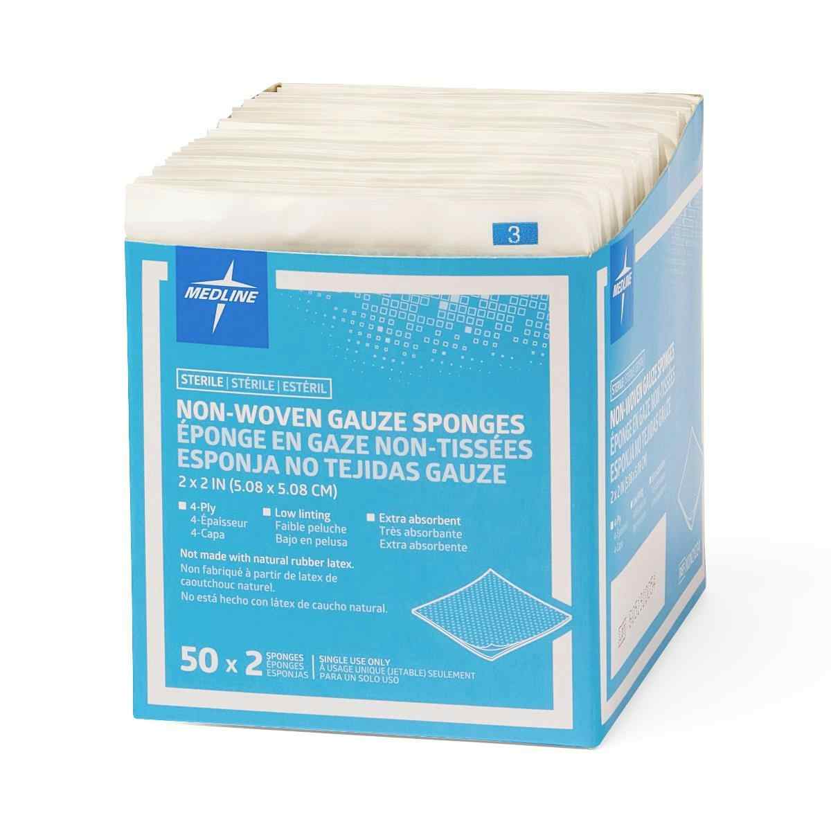 Medline Non-Woven 4-Ply Gauze Sponges, Sterile  , NON21224H, 2" X 2" - Box of 100