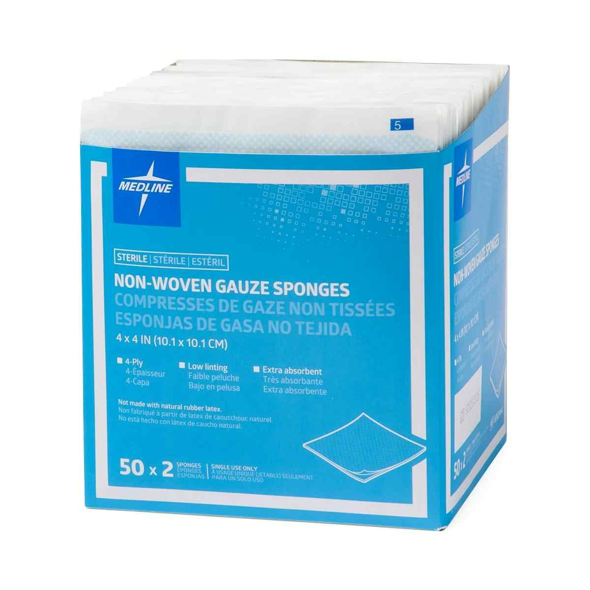 Medline Non-Woven 4-Ply Gauze Sponges, Sterile  , NON21444H, 4" X 4" - Box of 100