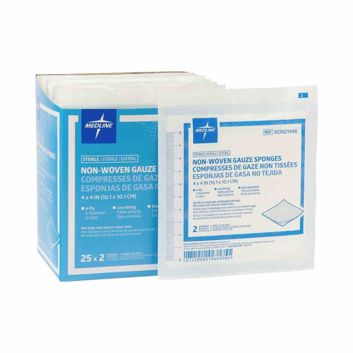 Medline Sterile Non-Woven 6-Ply Gauze Sponges  , NON21446Z, 4" X 4" - Box of 50