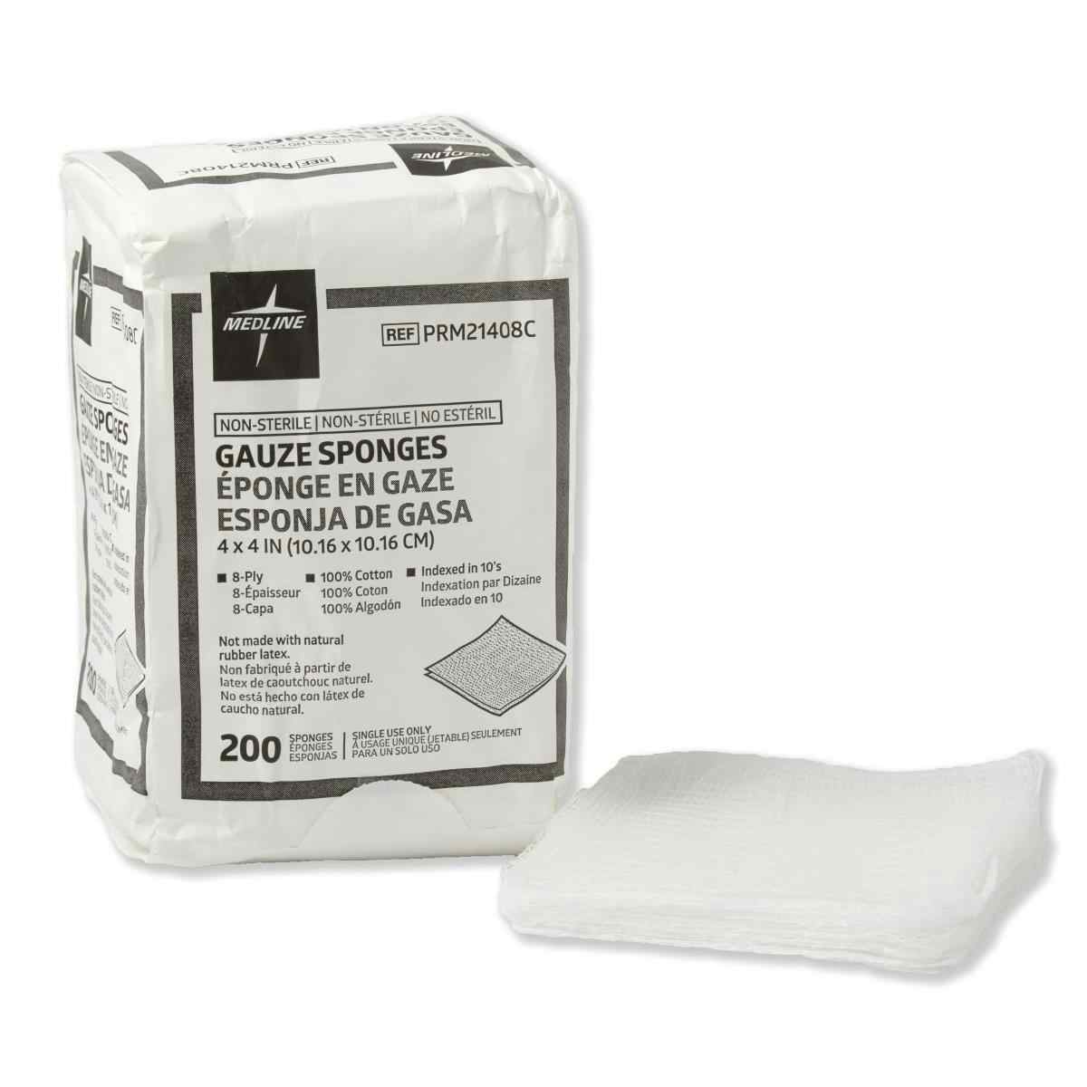 Medline Non-Sterile Woven Cotton 8-Ply Gauze Sponges, PRM21408CZ, 4" X 4" - Bag of 200