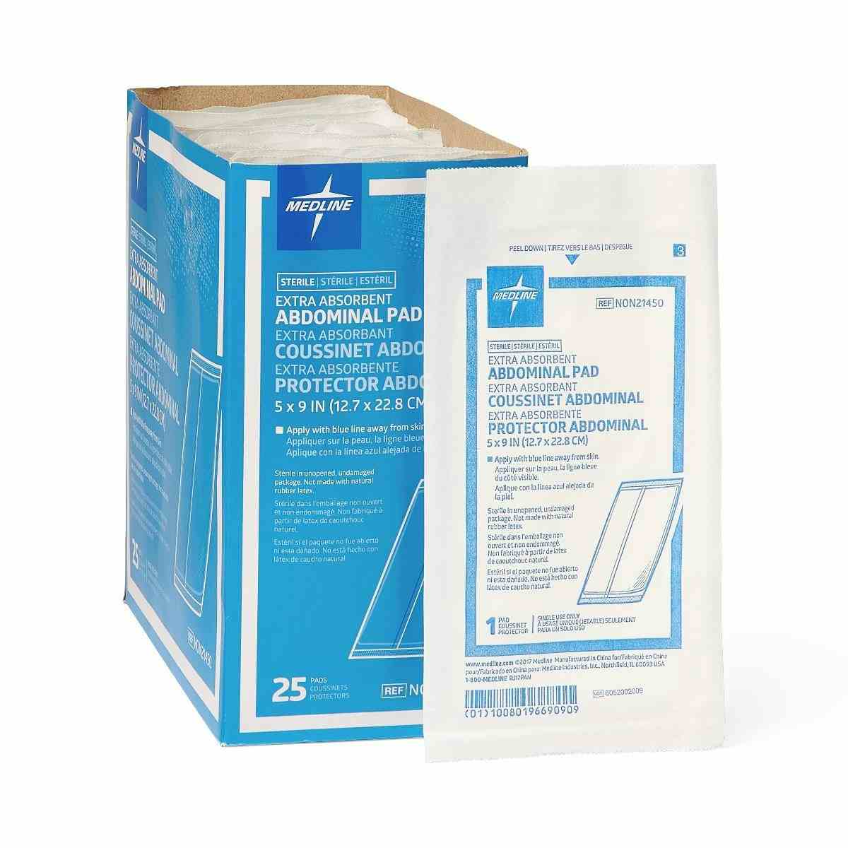 Medline Sterile Abdominal Pads, NON21450H, 5" X 9" - Box of 25