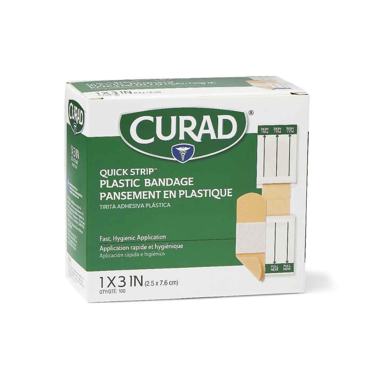 Curad Quick Strip Plastic Adhesive Bandages, NON25600QSZ, 1" X 3" - Box of 100