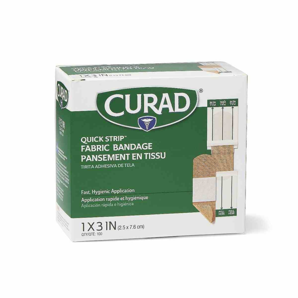 Curad Quick Strip Fabric Adhesive Bandages, NON25660QSZ, 1" X 3" - Box of 100
