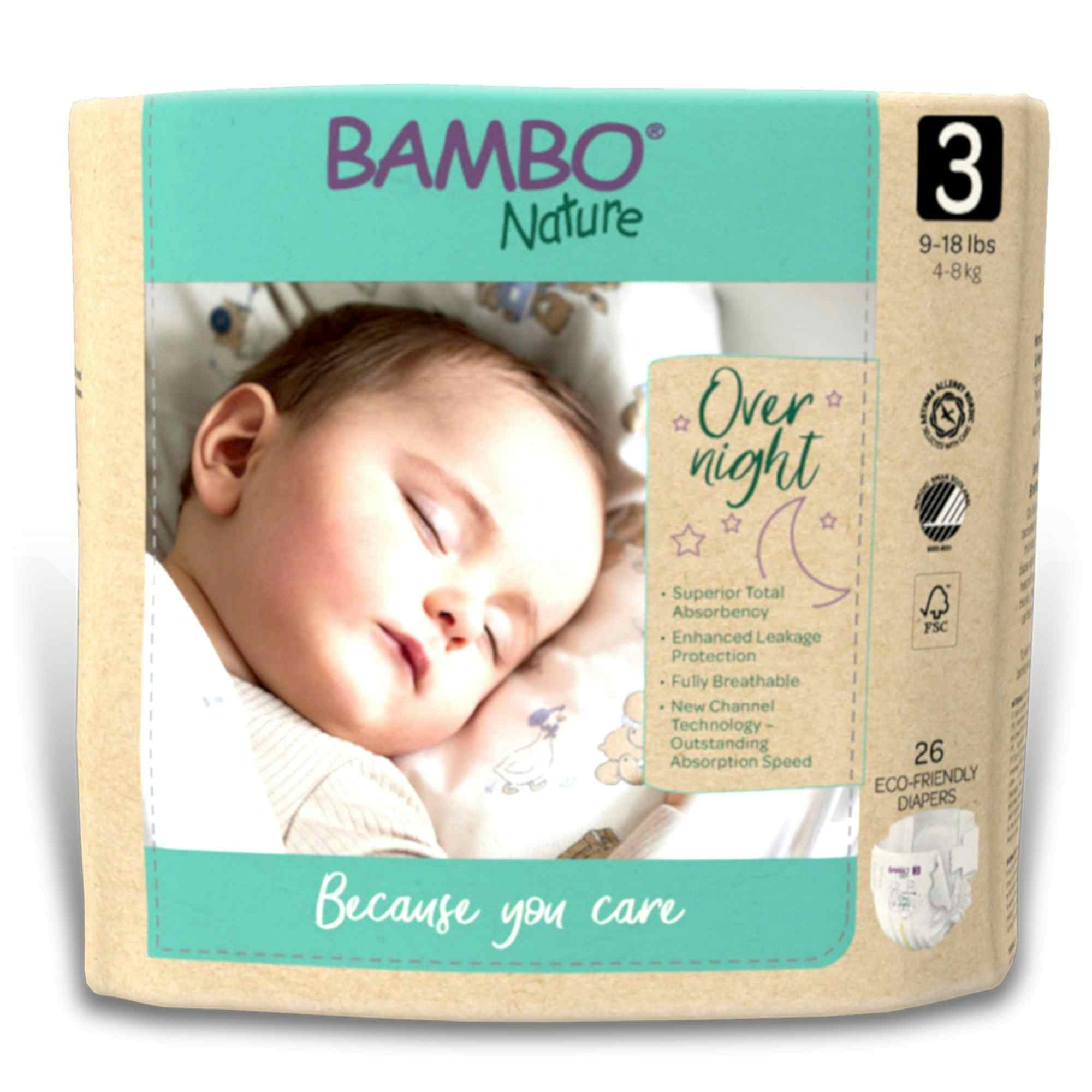 Bambo Nature Overnight Baby Diapers with Tabs, Heavy Absorbency, 1000021009, Size 3 (9 to 18 lbs.) - Pack of 26