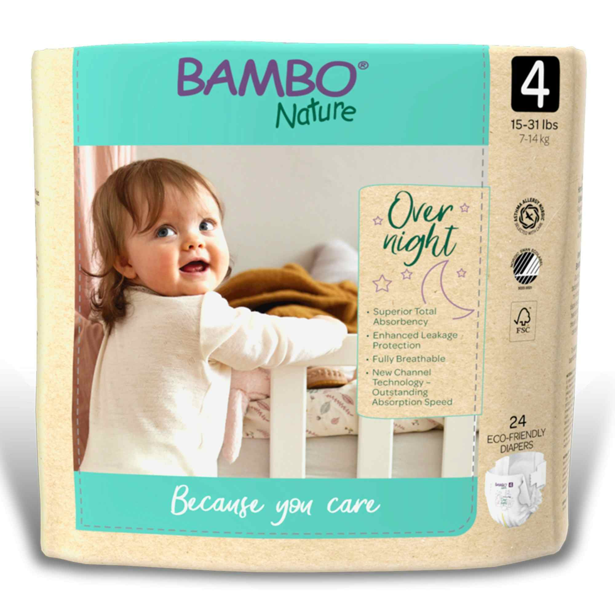Bambo Nature Overnight Baby Diapers with Tabs, Heavy Absorbency, 1000021010, Size 4 (15 to 31 lbs.) - Pack of 24