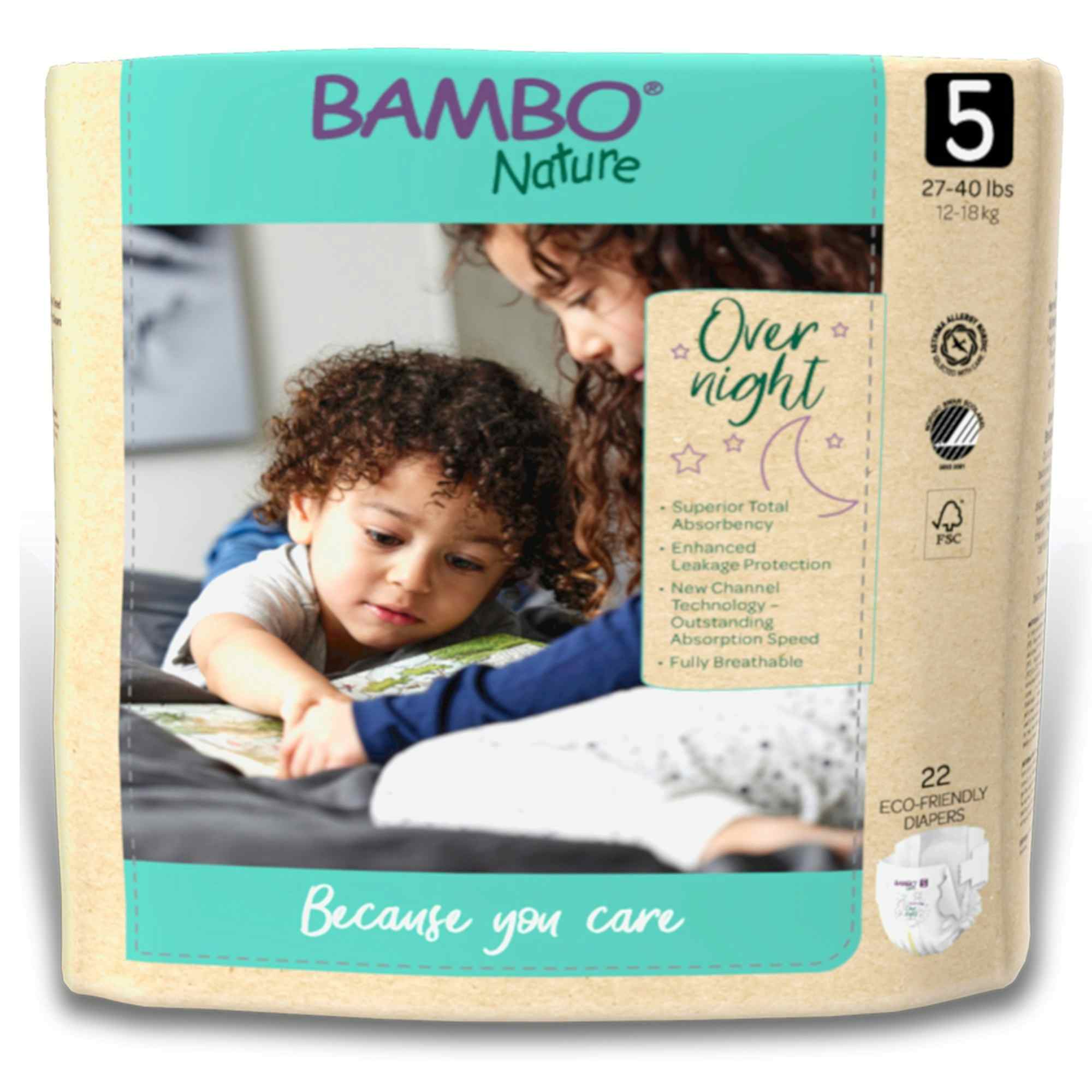 Bambo Nature Overnight Baby Diapers with Tabs, Heavy Absorbency, 1000021011, Size 5 (27 to 40 lbs.) - Case of 88 