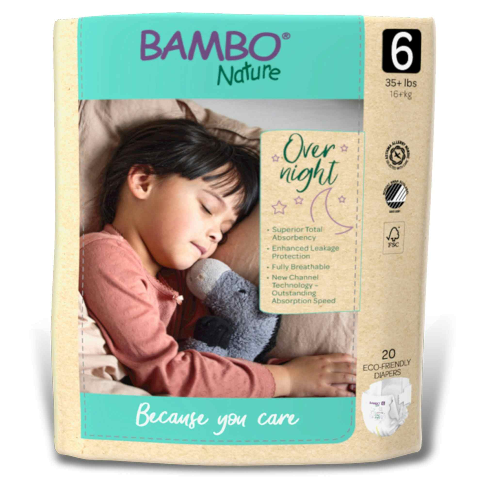Bambo Nature Overnight Baby Diapers with Tabs, Heavy Absorbency, 1000021012, Size 6 (35 lbs. and Up) - Pack of 20
