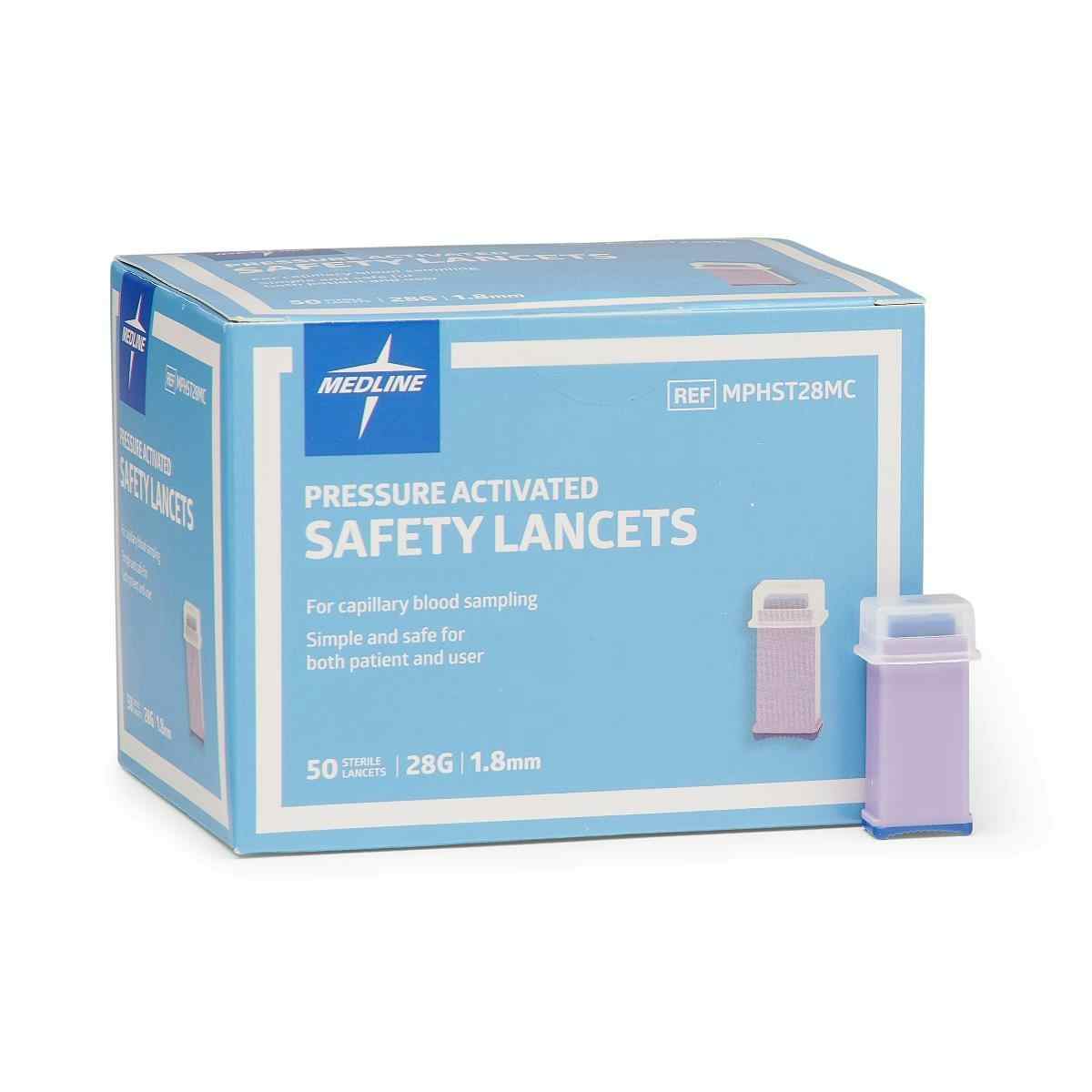 Medline Pressure Activated Safety Lancets, MPHST28MCZ, 28G X 1.8 mm - Box of 50