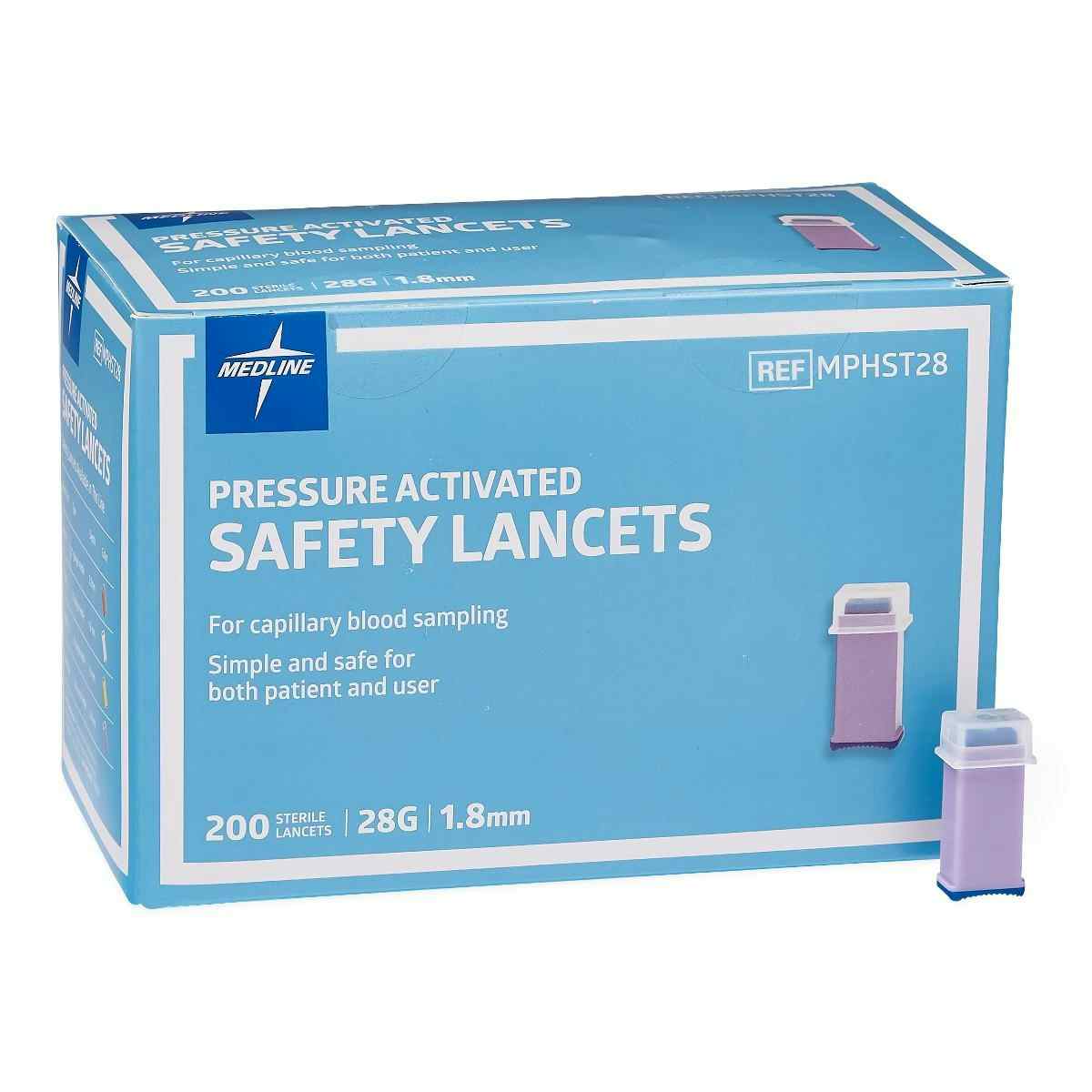 Medline Pressure Activated Safety Lancets, MPHST28Z, 28G X 1.8 mm - Box of 200