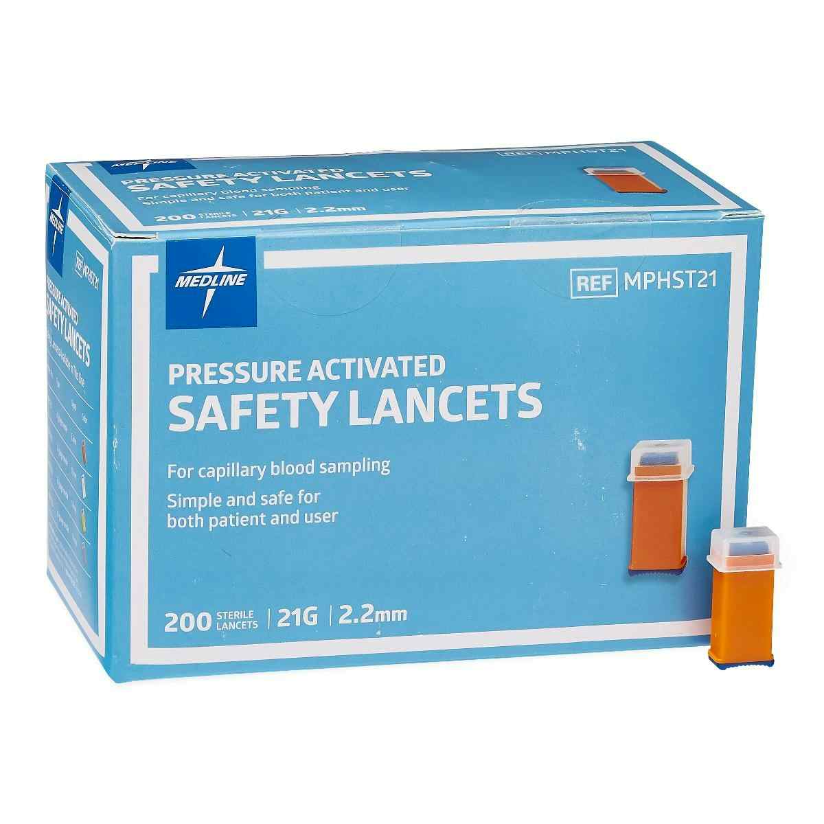 Medline Pressure Activated Safety Lancets, MPHST21Z, 21G X 2.2 mm - Box of 200