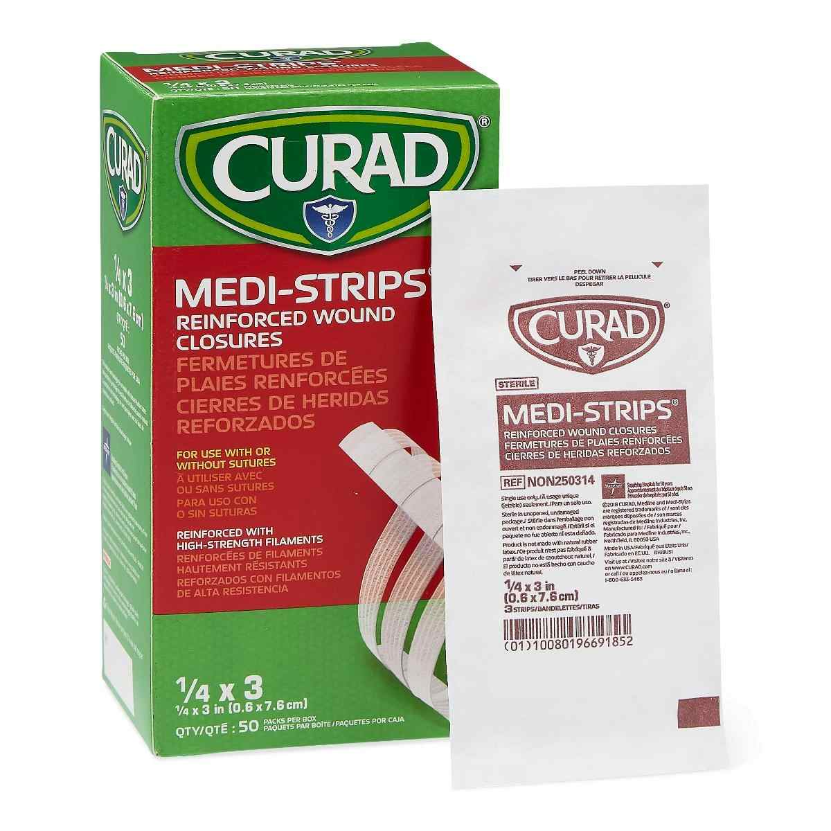 Curad Medi-Strip Reinforced Wound Closures, NON250314Z, 1/4" X 3" - Box of 150