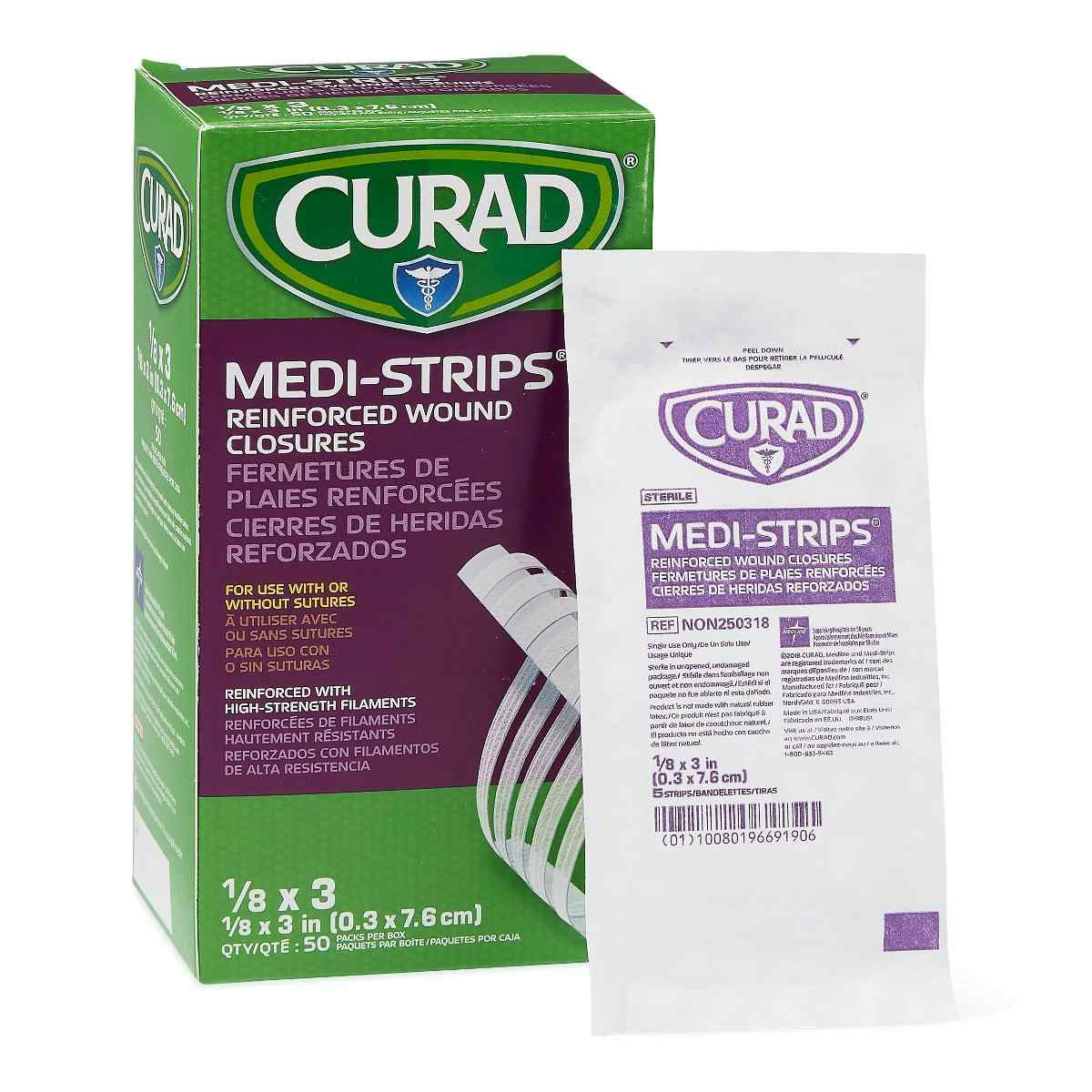 Curad Medi-Strip Reinforced Wound Closures, NON250318Z, 1/8" X 3" - Box of 50