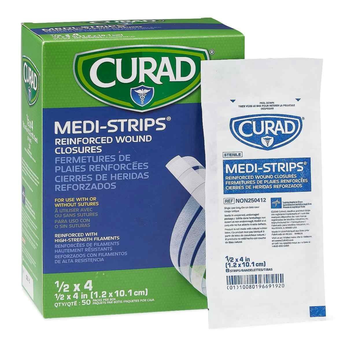 Curad Medi-Strip Reinforced Wound Closures, NON250412Z, 1/2" X 4" - Box of 300