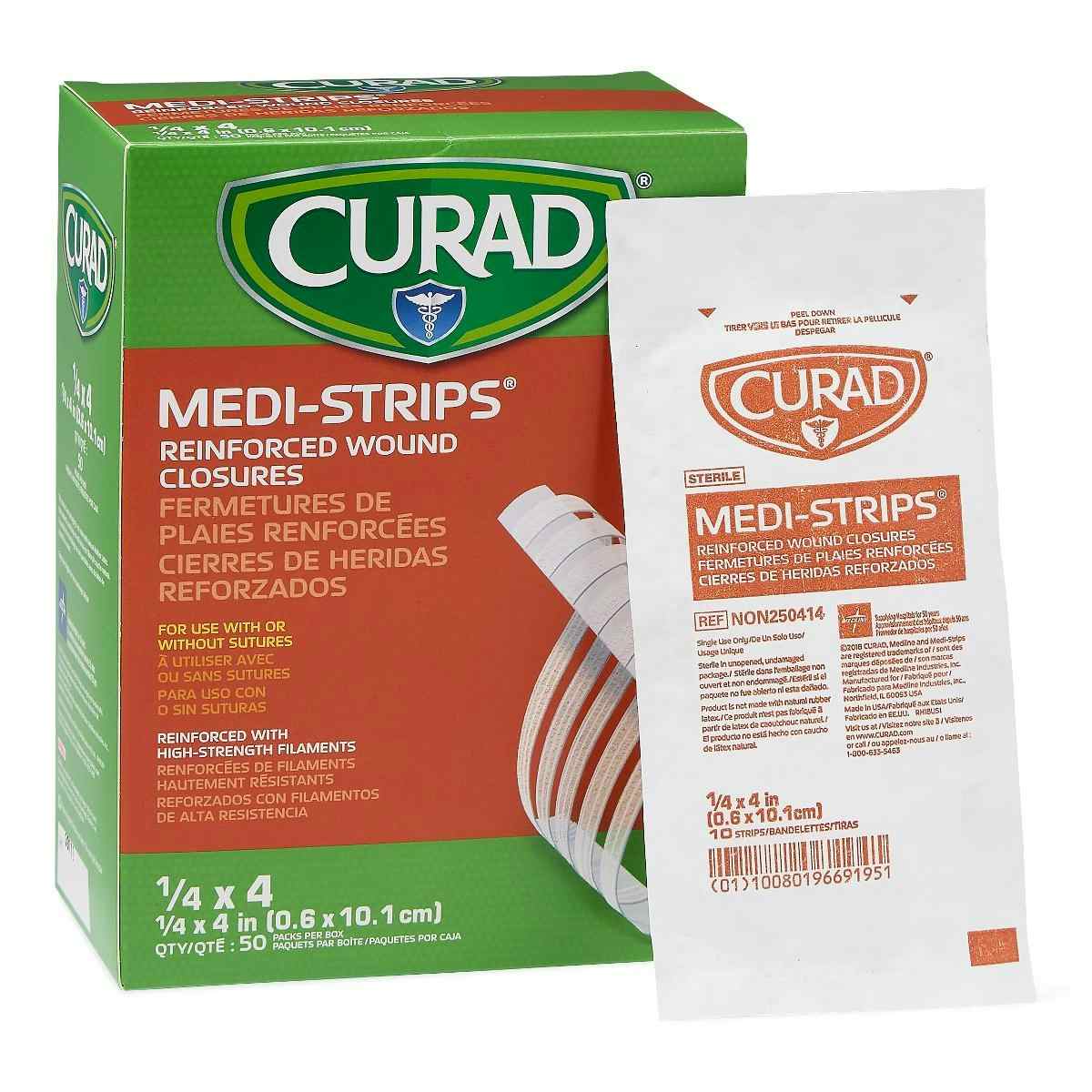 Curad Medi-Strip Reinforced Wound Closures, NON250414Z, 1/4" X 4" - Box of 500