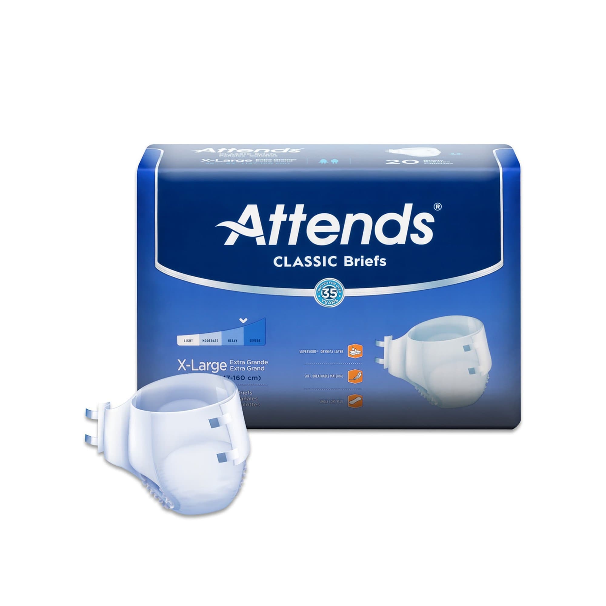 Attends Classic Unisex Adult Incontinence Briefs, Heavy Absorbency, BRB4096, X-Large - Case of 4