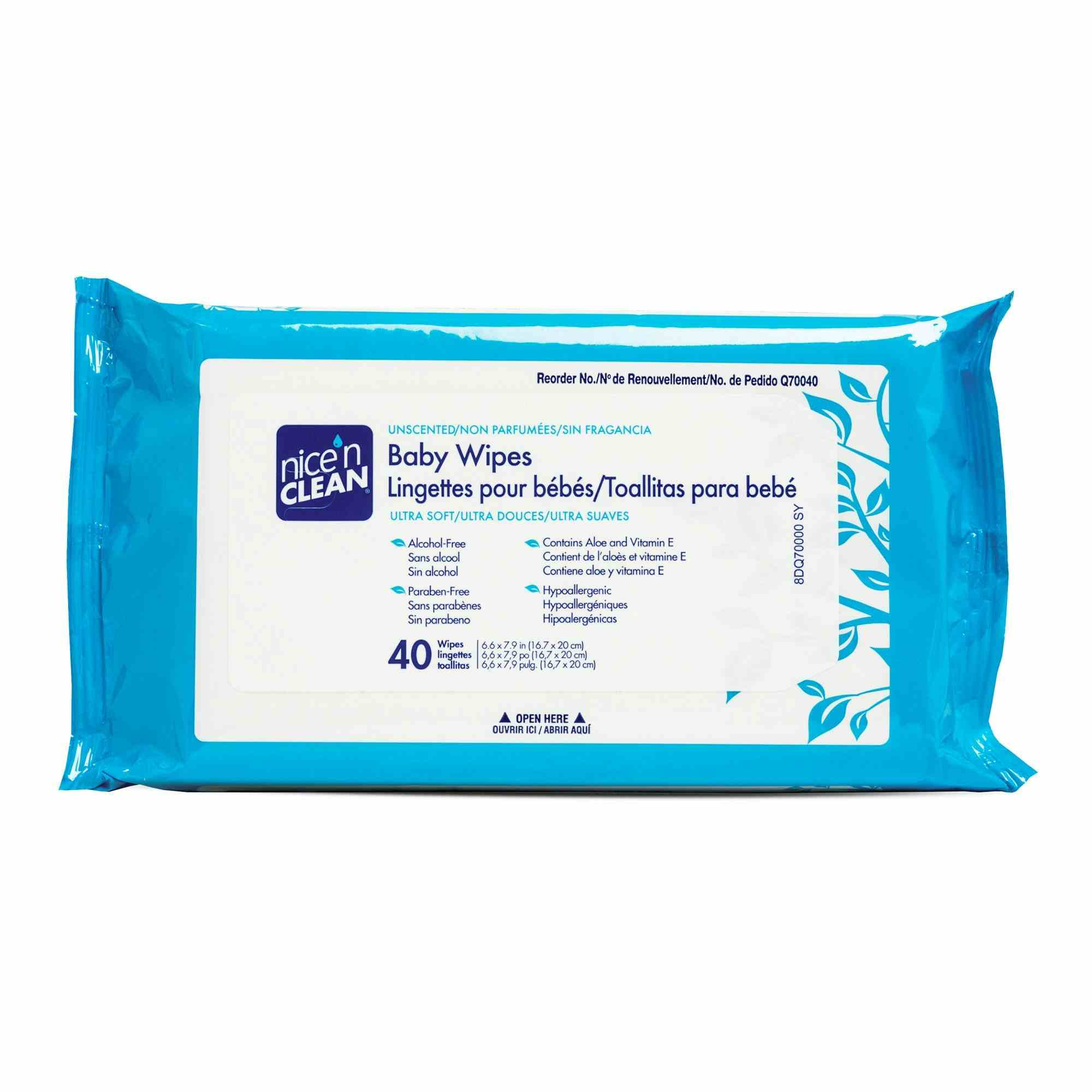 Nice’n Clean Baby Wipes, Unscented, Q70040, Box of 40