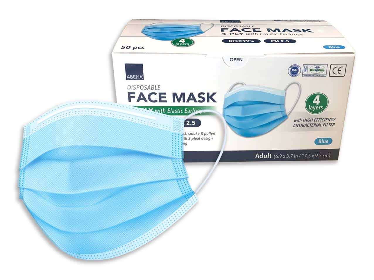 Abena Disposable 4-Ply Face Mask , 1000020586, Blue - Pack of 50 