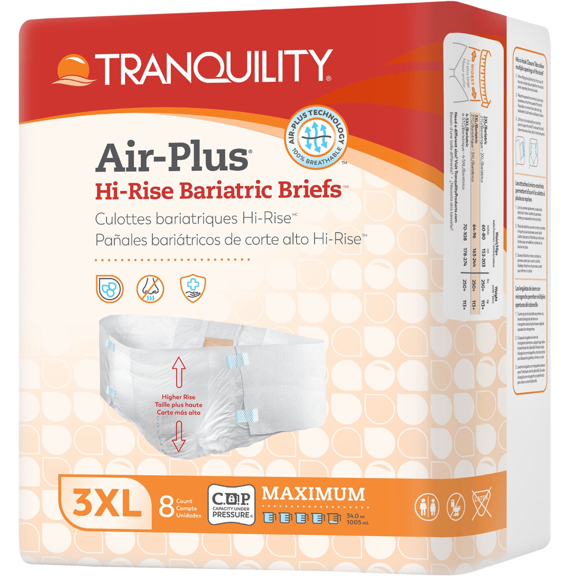 Tranquility Air-Plus Hi-Rise Bariatric Briefs with Tabs, Maximum Absorbency