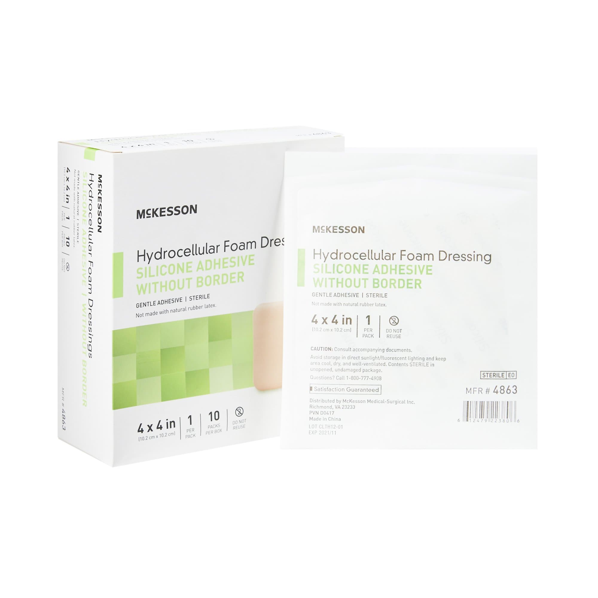 McKesson Hydrocellular Foam Dressings Silicone Adhesive without Border, 4 X 4"