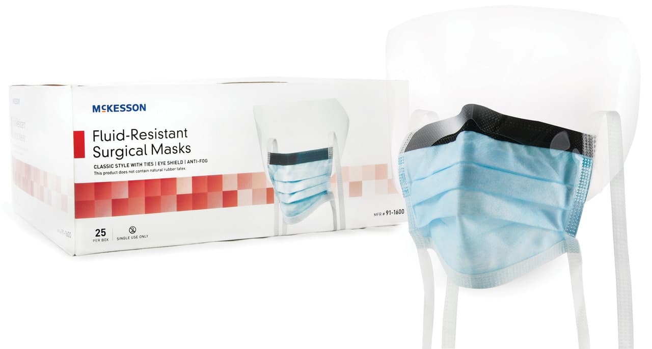 McKesson Fluid-Resistant Surgical Masks with Eye Shield, Classic Style with Ties