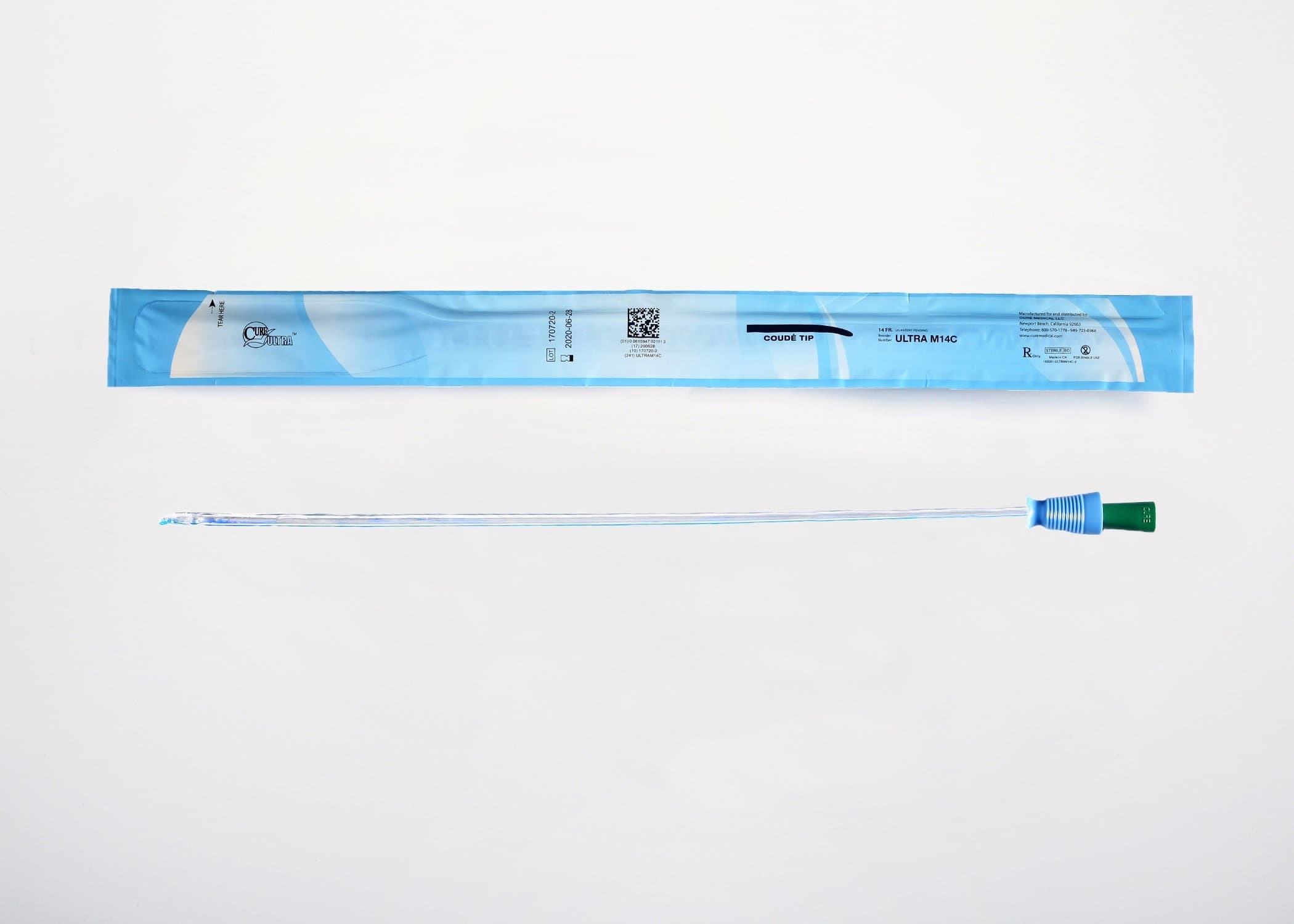 Cure Ultra Urethral Catheter, Male, Coude Tip, Lubricated PVC, 16"
