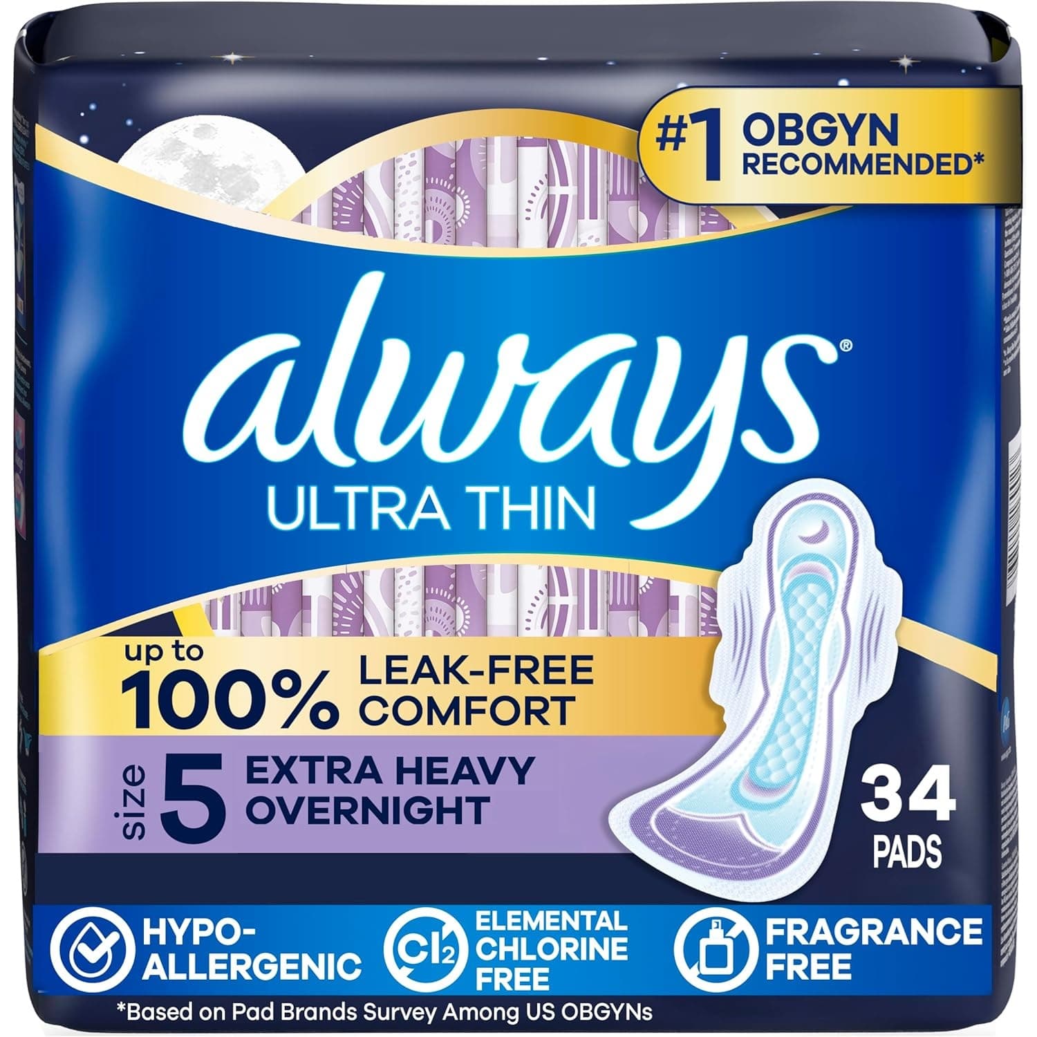 Always Ultra Thin Pads with Wings, Size 5, Extra Heavy Overnight Absorbency