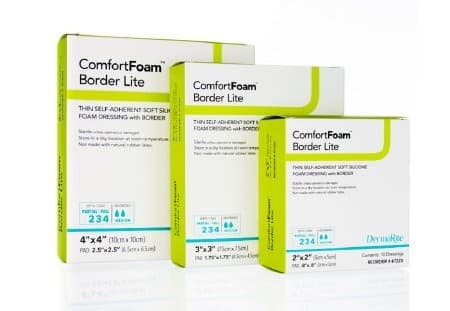 DermaRite ComfortFoam Border Lite Thin Self-Adherent Soft Silicone Foam Dressing with Border, Sterile, 3 X 3"