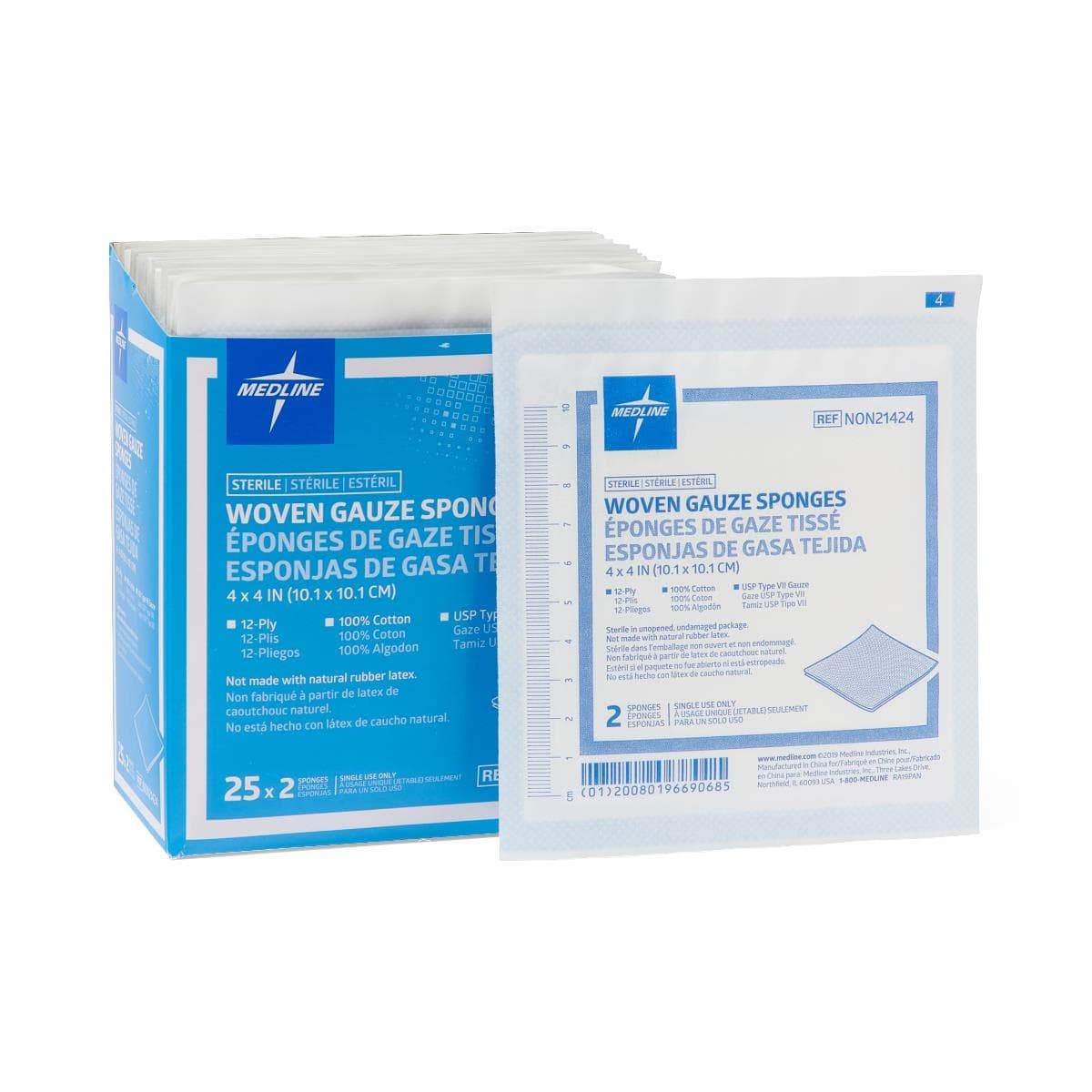 Medline Sterile Woven Cotton 12-Ply Gauze Sponges