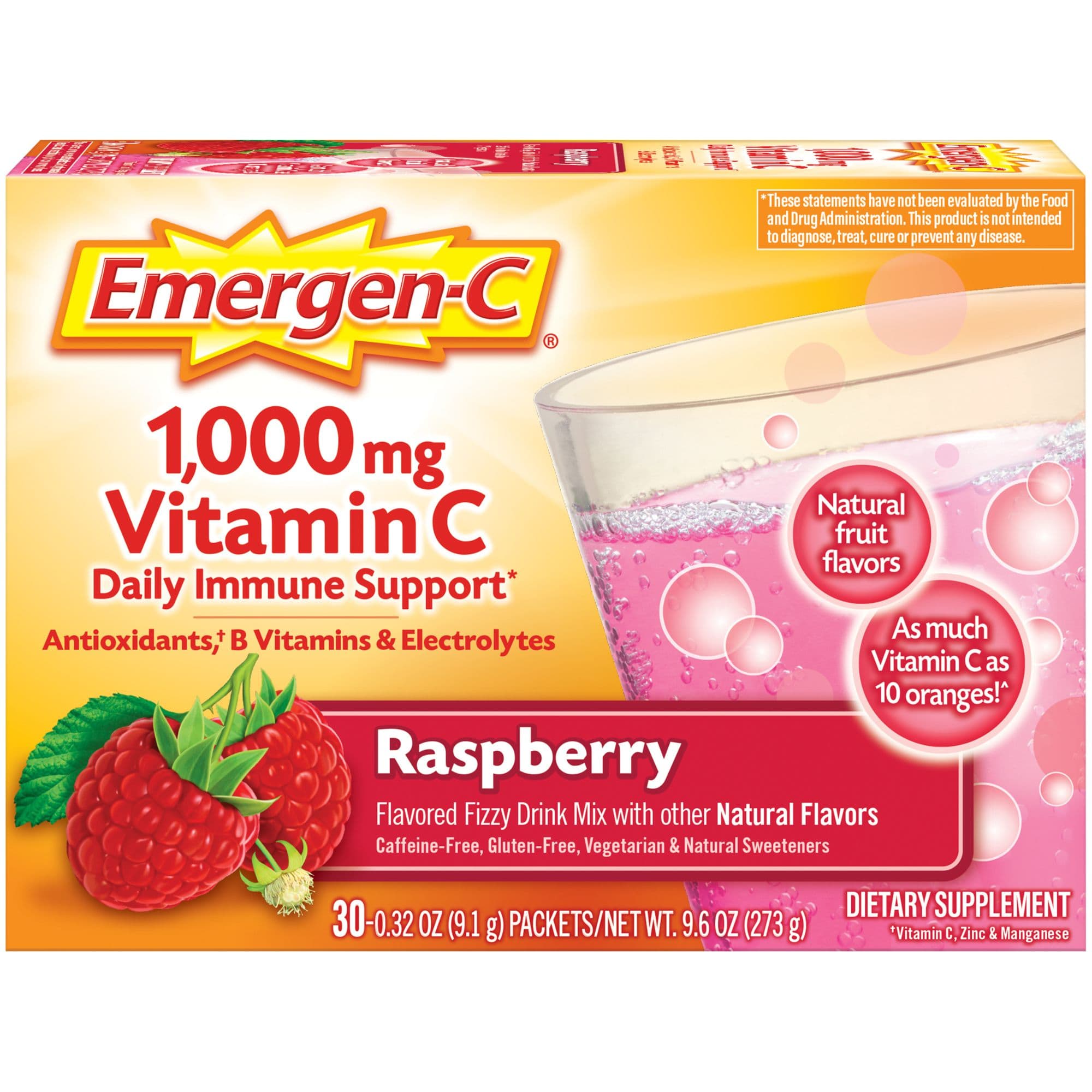 Emergen-C Vitamin C Daily Immune Support Fizzy Drink Mix Supplement, Raspberry