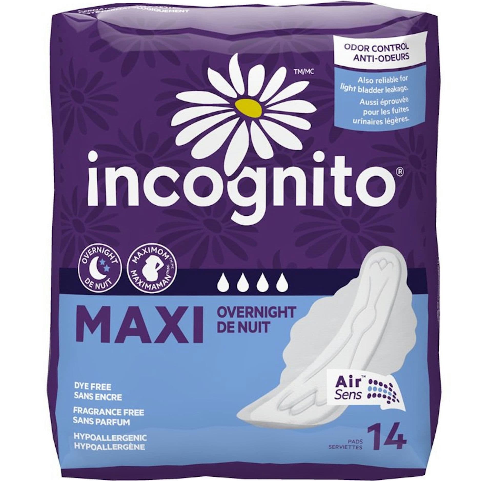 Incognito Maxi Pad with Wings, Overnight Absorbency