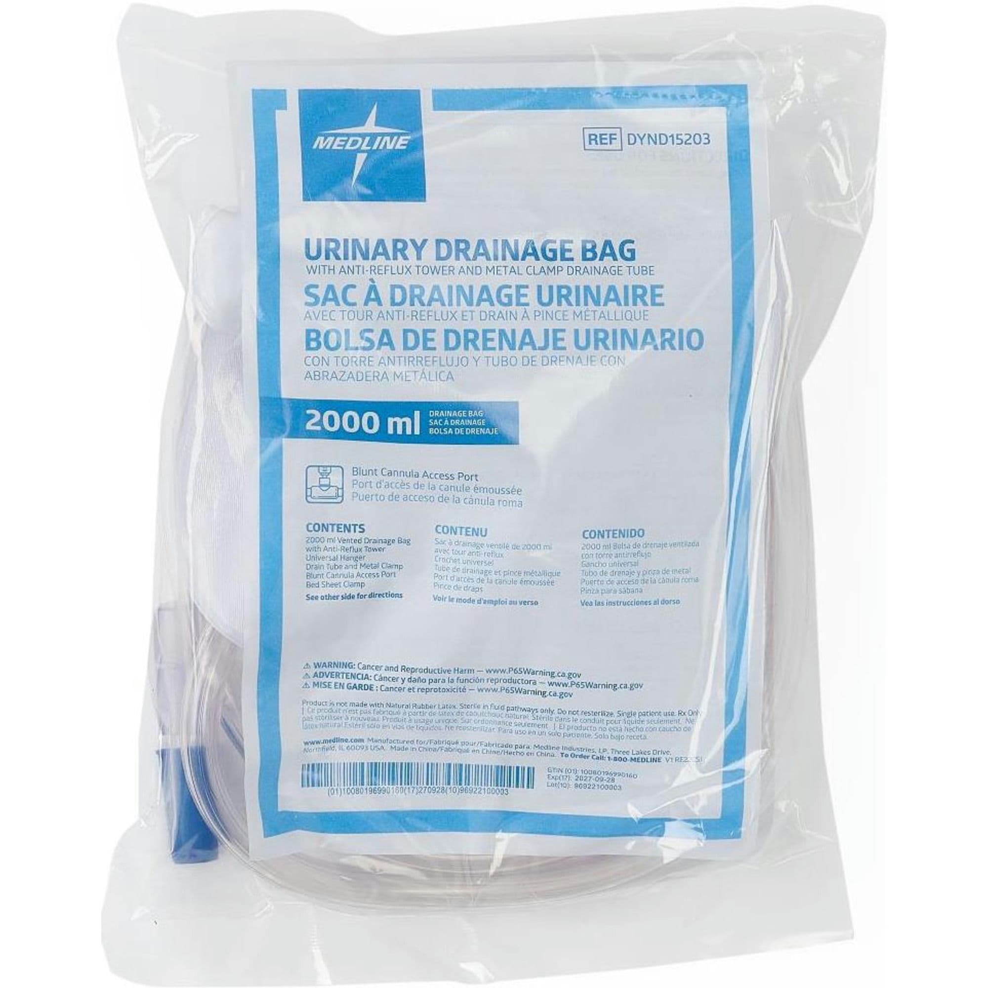 Medline Urinary Drain Bag with Anti-Reflux Tower and Metal Clamp Drainage Port