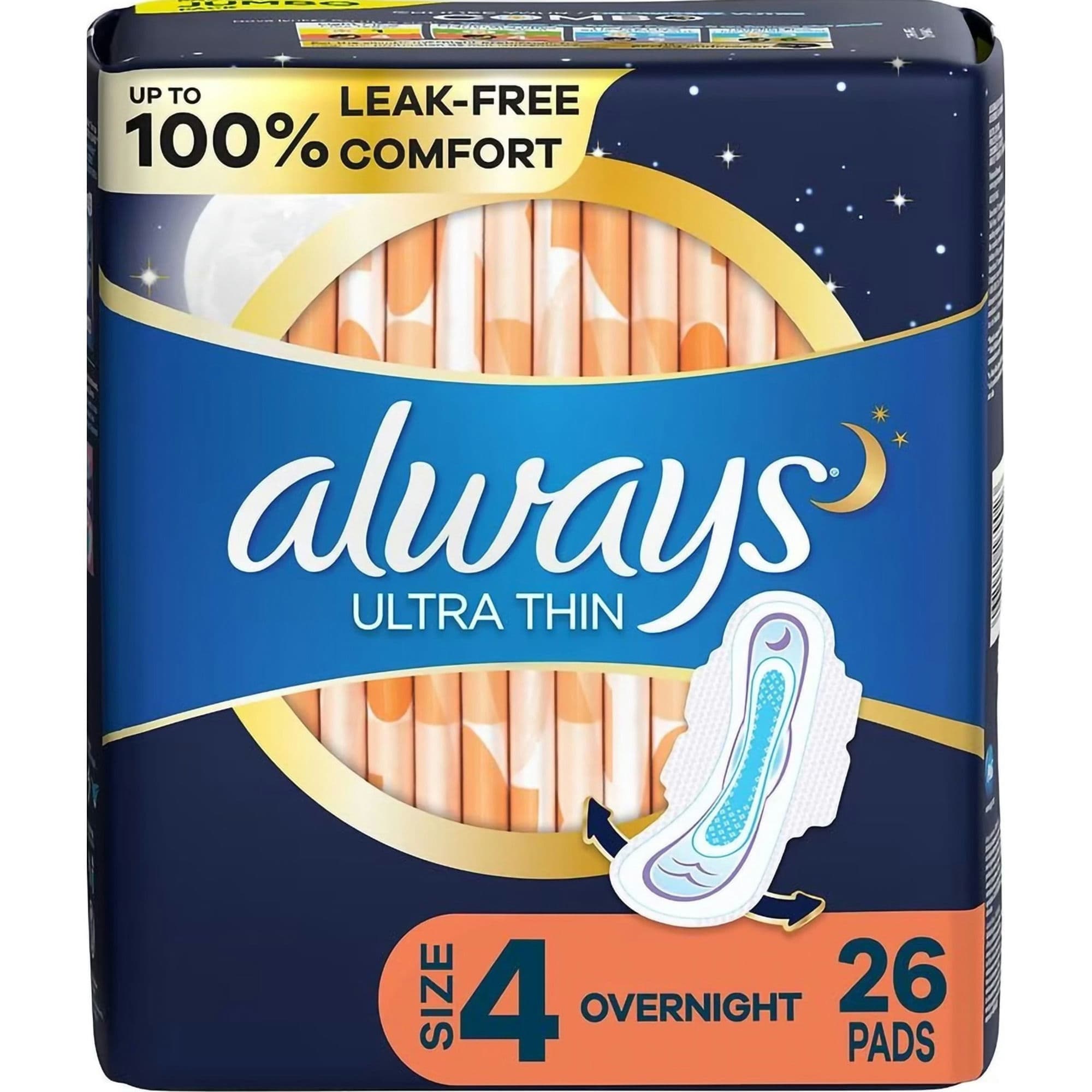 Always Ultra Thin Pads with Wings, Size 4, Overnight Absorbency