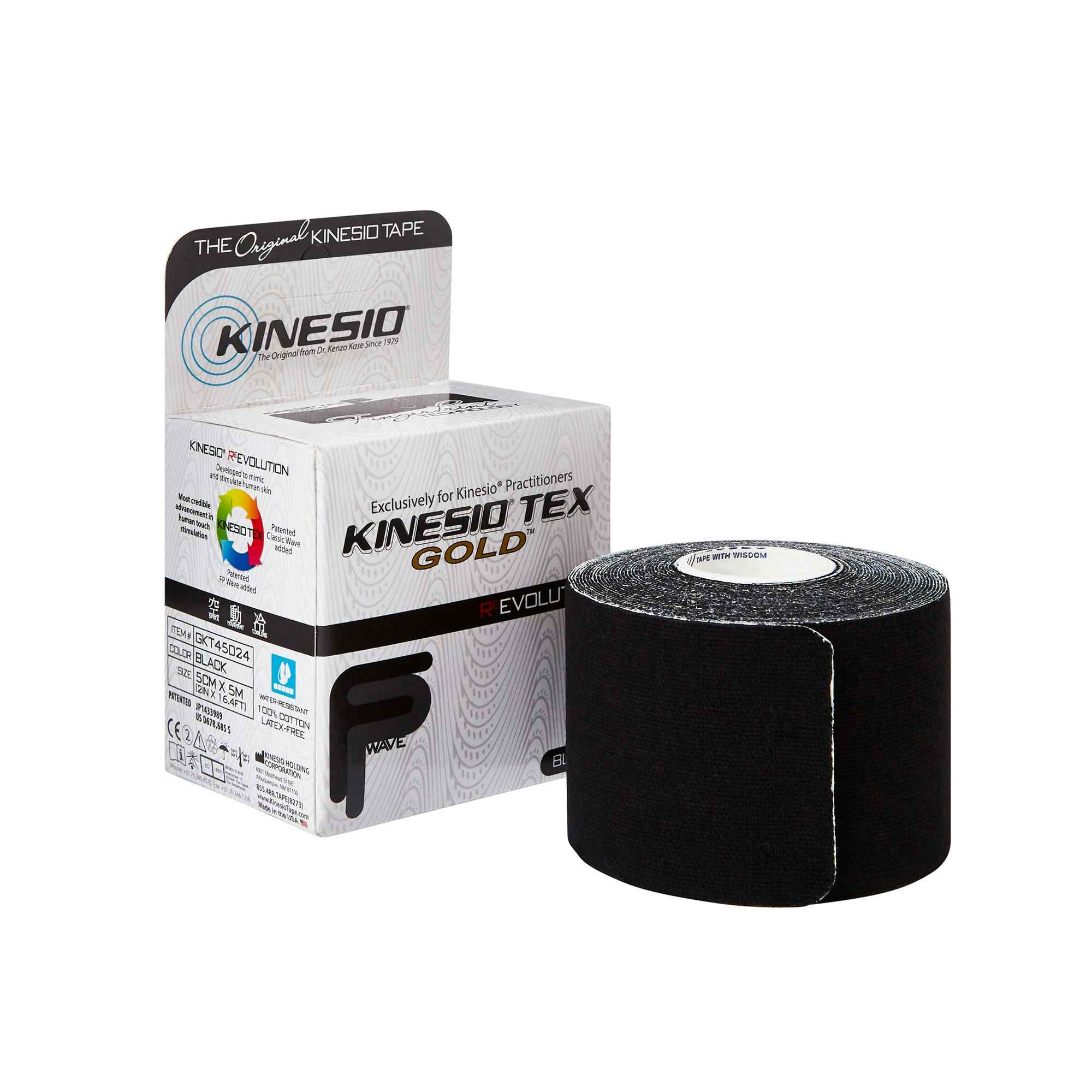 Kinesio Tex Gold Kinesiology Tape, Black, Water-Resistant Cotton, 2 Inch x 5½ Yard
