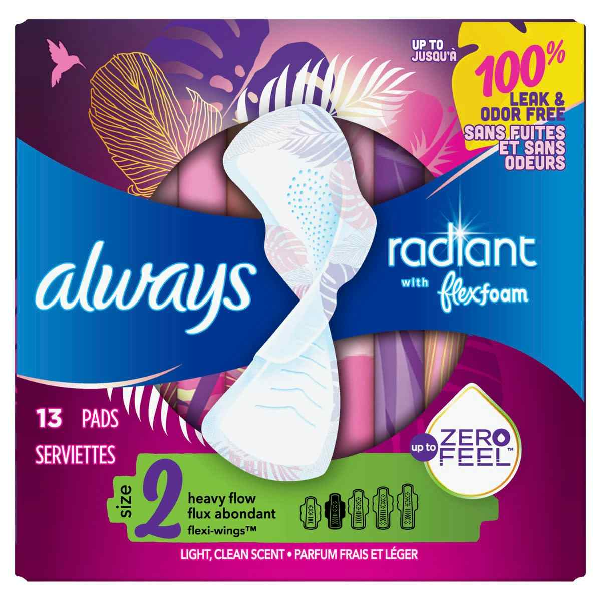 Always Radiant Pads, Size 2, Light Clean Scent, Heavy Flow Absorbency
